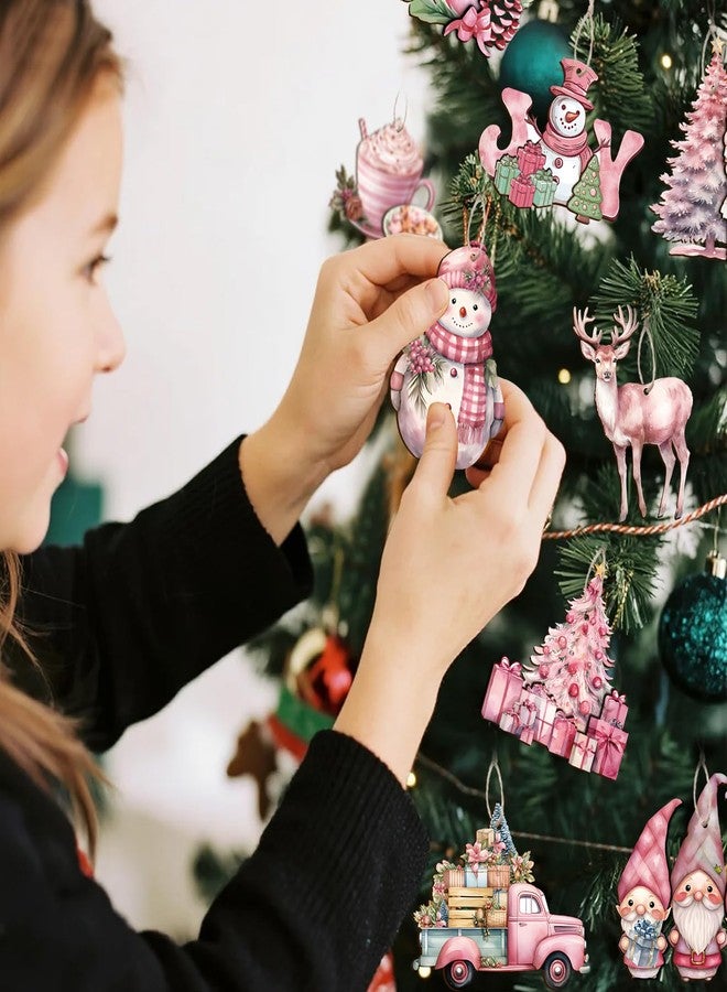 OOINQQ 36Pcs Pink Christmas Tree Hanging Ornaments, Wooden Christmas Ornaments for Tree Vintage Rustic Xmas 3D Wooden Hanging Pendants Tags for Winter Holiday Christmas Tree Home Party Decorations - Image 3